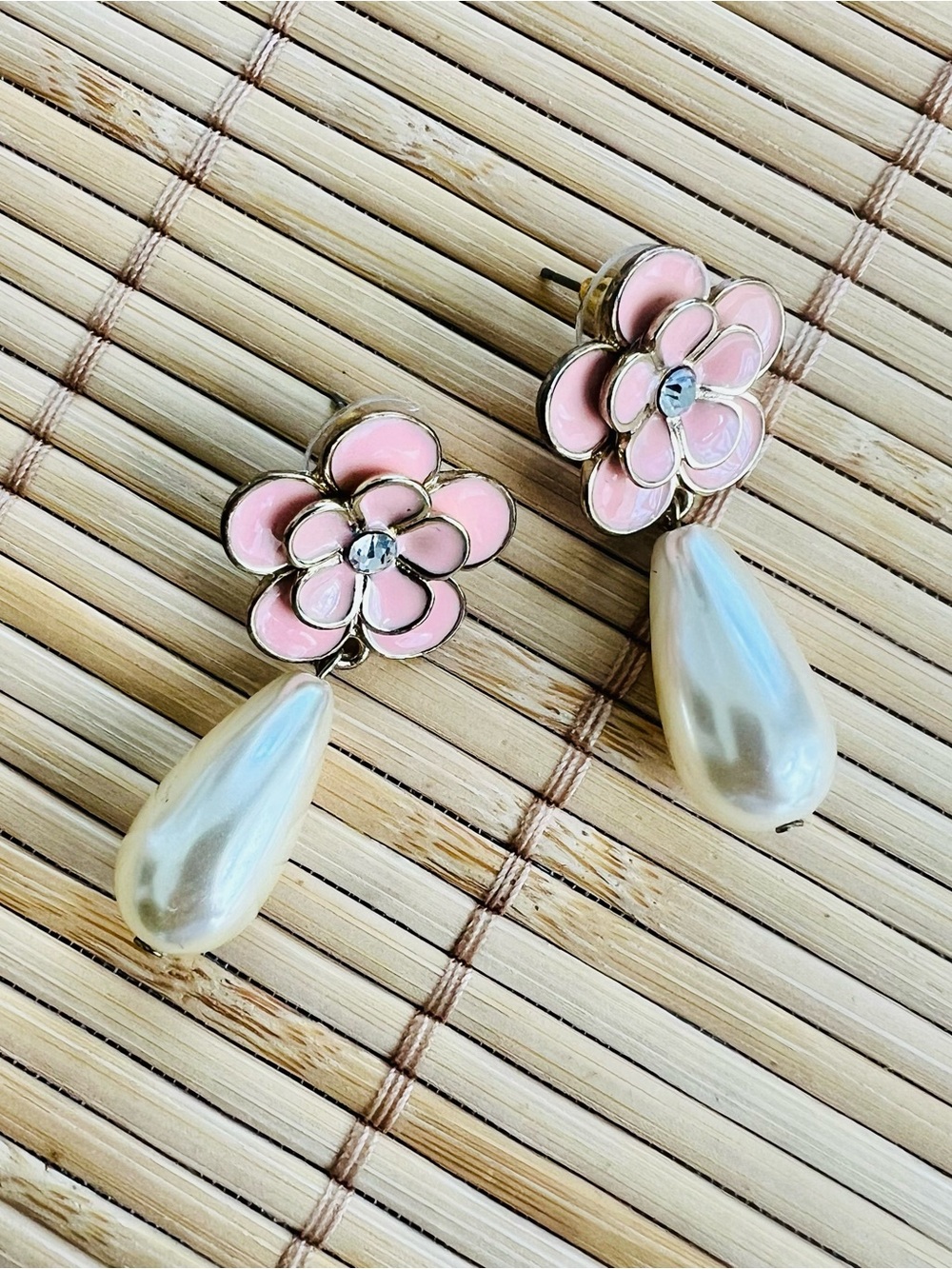Pink Enamel Flower Pearl Drop Earrings EUC